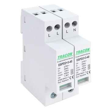TRACON T2+T3 AC típusú túlfeszültséglevezető, egybeépített, Uc:275V; In:20kA; Imax40kA; Uoc:10kV; Up:1,3kV; 4P (ESPD2+3-40-4P)