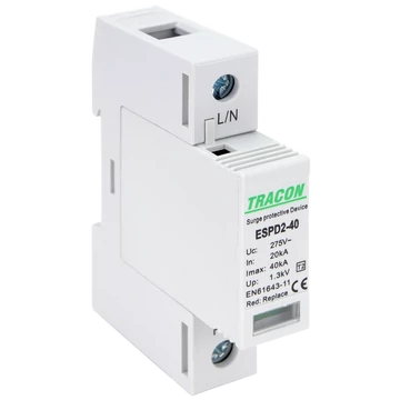 TRACON T2 AC típusú túlfeszültség levezető, cserélhető betéttel, Uc:275V; In:20kA; Imax:40kA; Up:1,3kV; 1P (ESPD2-40-1P)