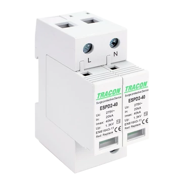 TRACON T2 AC típusú túlfeszültség levezető, cserélhető betéttel, Uc:275V; In:20kA; Imax:40kA; Up:1,3kV; 2P (ESPD2-40-2P)