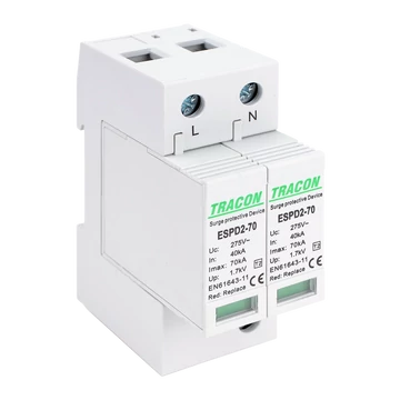 TRACON T2 AC típusú túlfeszültség levezető, cserélhető betéttel, Uc:275V; In:40kA; Imax:70kA; Up:1,7kV; 2P (ESPD2-70-2P)