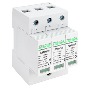 TRACON T2 AC típusú túlfeszültség levezető, cserélhető betéttel, Uc:275V; In:40kA; Imax:70kA; Up:1,7kV; 3P (ESPD2-70-3P)