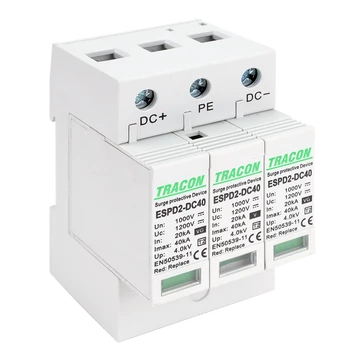 TRACON T2 DC típusú túlfeszültség levezető, cserélhető betéttel, Ucpv: 1200V; In: 20kA; Imax: 40kA; Up: 4kV (ESPD2-DC40-1000)