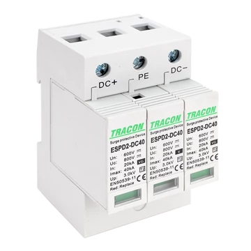 TRACON T2 DC típusú túlfeszültség levezető, cserélhető betéttel, Ucpv: 800V; In:20kA; Imax:40kA; Up:2,6kV (ESPD2-DC40-600)