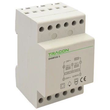 TRACON Biztonsági (csengő) transzformátor, 230V/4-8-12V AC, Psmax.: 15VA, Is: 1,15A (EVOBT15/1)