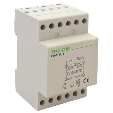 TRACON Biztonsági (csengő) transzformátor, 230V/12-12-24V AC, Psmax.: 30VA, Is: 1,25A (EVOBT30/1)