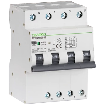 TRACON Kombinált védőkapcsoló, 4P, 4modul, D karakterisztika, D10A, 30 mA, 10kA, A (EVOK4D1003)