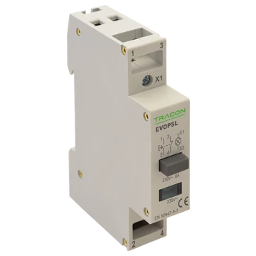 TRACON Moduláris nyomókapcsoló, jelzőfénnyel,230V, 50Hz, 1NO+1NC, LED, Ith:16A, AC-14, Ie:6A (EVOPSL)