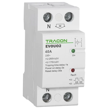 TRACON Aut. visszakapcsoló fesz. növekedési/csökkenési relé, AC230V, 2P, 40AU>:265V, U<:175V, Uon:2s, Trip:1s, Res:30s (EVOUO2)
