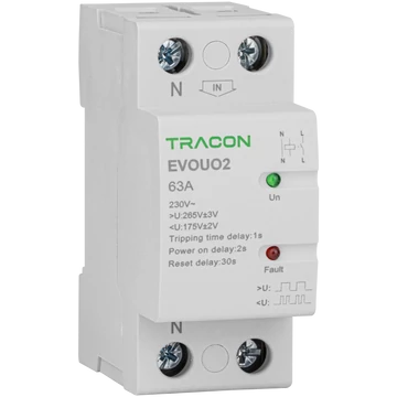 TRACON Aut. visszakapcsoló fesz. növekedési/csökkenési relé, AC230V, 2P, 63AU>:265V, U<:175V, Uon:2s, Trip:1s, Res:30s (EVOUO2P63)