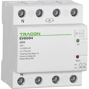 TRACON Aut. visszakapcsoló fesz. növekedési/csökkenési relé, AC230V, 4P, 40AU>:265V, U<:175V, Uon:2s, Trip:1s, Res:30s (EVOUO4)
