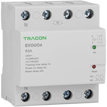 TRACON Aut. visszakapcsoló fesz. növekedési/csökkenési relé, AC230V, 4P, 63AU>:265V, U<:175V, Uon:2s, Trip:1s, Res:30s (EVOUO4P63)