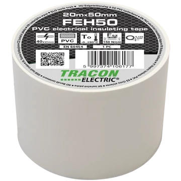TRACON Szigetelőszalag, fehér, 20mx50mm, PVC, 0-90°C, 40kV/mm (FEH50)