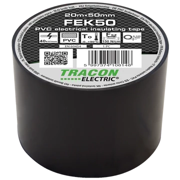 TRACON Szigetelőszalag, fekete, 20mx50mm, PVC, 0-90°C, 40kV/mm (FEK50)
