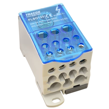 TRACON Fővezetéki leágazó sorkapocs nyitható fedéllel,1×120(95)mm2/5×25(16),4×16(10),2×35(25)mm2, 1000VAC/DC, 250A (FLSO120)