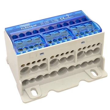 TRACON Fővezetéki leágazó sorkapocs nyitható fedéllel, 4x35(25)mm2 / 3x5x10,3x2x25 / 4x16,6x25mm2, 690VAC/DC, 125A (FLSO35-4P)
