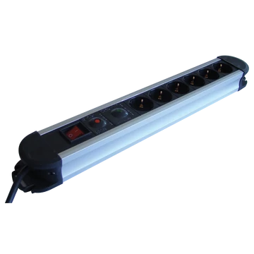 TRACON ALU 6-os elosztó kapcsolóval + túlfesz + túláram védelem, 6xSCHUKO, 3m, max.16A, 250V, 3680W, H05VV-F (HKTM6-3M-ALU)