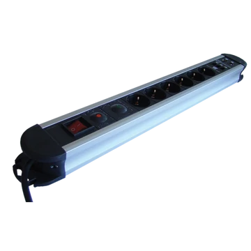 TRACON ALU 6-os elosztó kapcsoló + túlfesz + túláram + koax + tel védelem, 6xSCHUKO, 3m, max.16A, 250VAC, 3680W, H05VV-F (HKTM6-3M-KT-ALU)