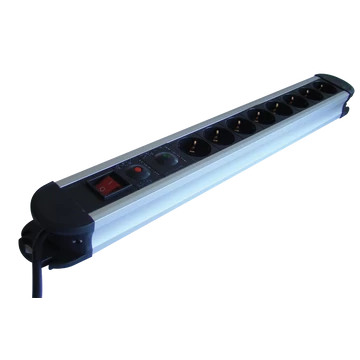 TRACON ALU 8-os elosztó kapcsolóval + túlfesz + túláram védelem, 8xSCHUKO, 3m, max.16A, 250VAC, 3680W, H05VV-F (HKTM8-3M-ALU)