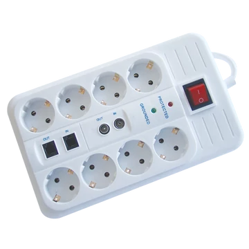 TRACON Négyzetes 8-as elosztó kapcsolóval+túlfesz + túláram + koax + tel, 8xSCHUKO, 3m, max.16A, 250VAC, 3680W, H05VV-F (HNKTM8-3M-KT)