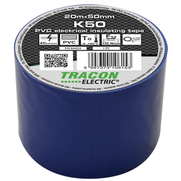 TRACON Szigetelőszalag, kék, 20mx50mm, PVC, 0-90°C, 40kV/mm (K50)
