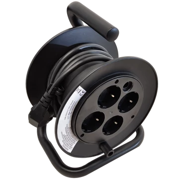 TRACON Mini kábeldobos hosszabbító fémvázzal, 4xSCHUKO, 15m, 250V AC, 13A, 3x1,5mm2, H05VV-F, IP20 (KD-4/15-B)