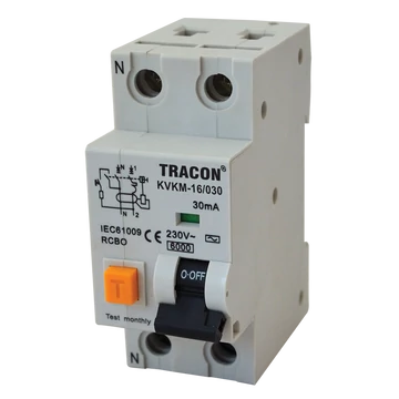 TRACON Kombinált védőkapcsoló, 2P, 2 modul, C karakterisztika, 20A, 30 mA, 6kA, AC (KVKM-20/030)