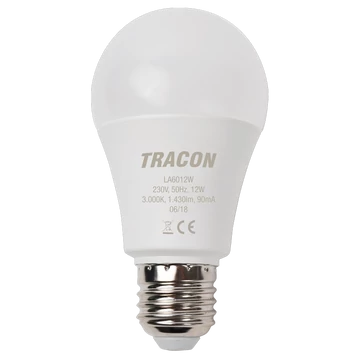TRACON Gömb burájú LED fényforrás, 230 V, 50 Hz, 12 W, 3000 K, E27, 1430 lm, 200°, A60, EEI=E (LA6012W)