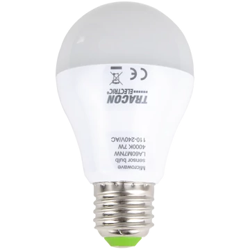 TRACON LED fényforrás beépített mozgásérzékelővel, E27, 110-240 V, 50/60 Hz, 7W, 600lm, 4000K, 360°, 60s, 5m, <20lx, EEI=F (LA60M7NW)