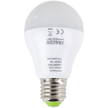 TRACON LED fényforrás beépített mozgásérzékelővel, E27, 110-240 V, 50/60 Hz, 7W, 600lm, 2700K, 360°, 60s, 5m, <20lx, EEI=F (LA60M7WW)