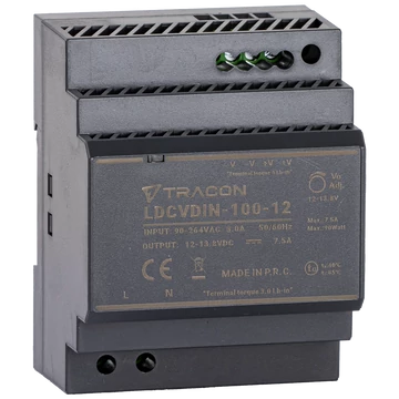 TRACON DIN sínre szerelhető tápegységszabályozható DC kimenettel, 100-200VAC, 3A/DC12V, 7,1A/85,2W (LDCVDIN-100-12)