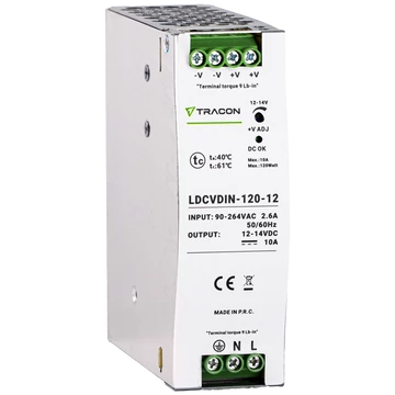TRACON DIN sínre szerelhető tápegységszabályozható DC kimenettel, 100-200VAC, 2,6A/DC12V, 10A/120W (LDCVDIN-120-12)