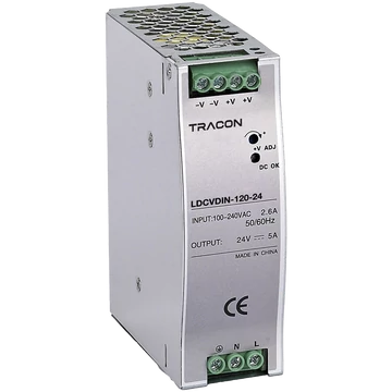 TRACON DIN sínre szerelhető tápegységszabályozható DC kimenettel, 100-200VAC, 2,6A/DC24V, 5A/120W (LDCVDIN-120-24)