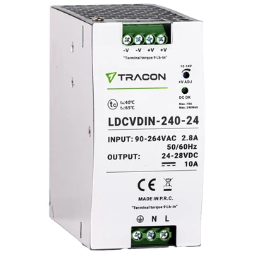 TRACON DIN sínre szerelhető tápegységszabályozható DC kimenettel, 100-200VAC, 2,8A/DC24V, 10A/240W (LDCVDIN-240-24)