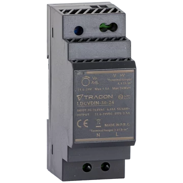 TRACON DIN sínre szerelhető tápegységszabályozható DC kimenettel, 100-200VAC, 0,88A/DC24V, 1,5A/36W (LDCVDIN-30-24)