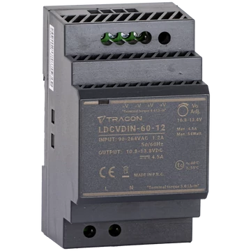 TRACON DIN sínre szerelhető tápegységszabályozható DC kimenettel, 100-200VAC, 3A/DC12V, 4,5A/54W (LDCVDIN-60-12)