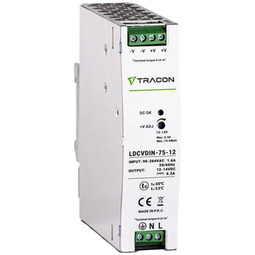TRACON DIN sínre szerelhető tápegységszabályozható DC kimenettel, 100-200VAC, 1,6A/DC12V, 6,3A/75W (LDCVDIN-75-12)