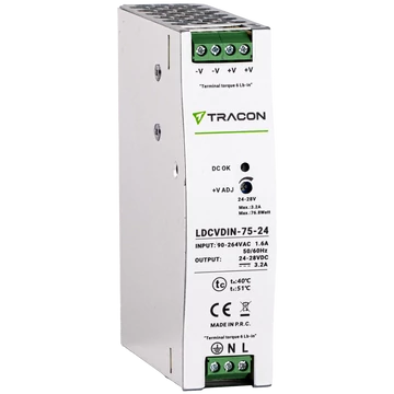 TRACON DIN sínre szerelhető tápegységszabályozható DC kimenettel, 100-200VAC, 1,6A/DC24V, 3,2A/75W (LDCVDIN-75-24)