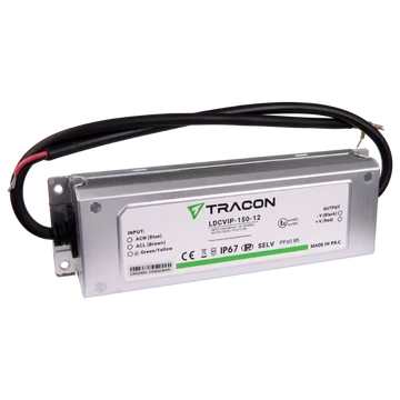 TRACON Védett fém házas LED meghajtó, 100-240VAC/12VDC, 150W, 0-12,5A, IP67 (LDCVIP-150-12)