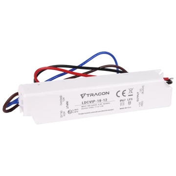 TRACON Védett műanyag házas LED meghajtó, 180-264VAC/12 VDC, 18W, 0-1,5A, IP67 (LDCVIP-18-12)