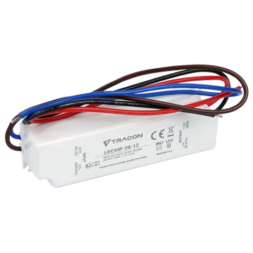 TRACON Védett műanyag házas LED meghajtó, 90-264VAC/12VDC, 20W, 0-1,67A, IP67 (LDCVIP-20-12)