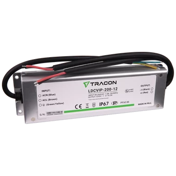 TRACON Védett fém házas LED meghajtó, 90-264VAC/12VDC, 200W, 0-16,5A, IP67 (LDCVIP-200-12)