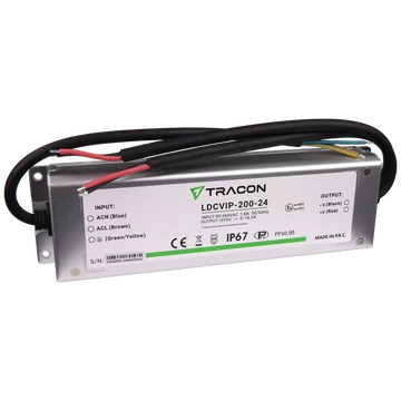 TRACON Védett fém házas LED meghajtó, 90-264VAC/24VDC, 200W, 0-8,5A, IP67 (LDCVIP-200-24)