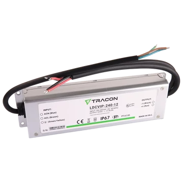 TRACON Védett fém házas LED meghajtó, 100-240VAC/12VDC, 240W, 0-20A, IP67 (LDCVIP-240-12)