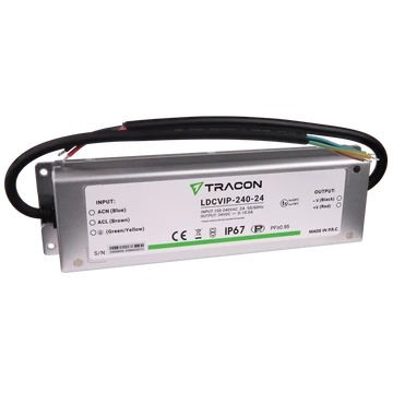TRACON Védett fém házas LED meghajtó, 100-240VAC/24VDC, 240W, 0-10A, IP67 (LDCVIP-240-24)