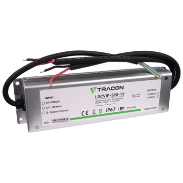 TRACON Védett fém házas LED meghajtó, 90-264VAC/12VDC, 320W, 0-26.5A, IP67 (LDCVIP-320-12)
