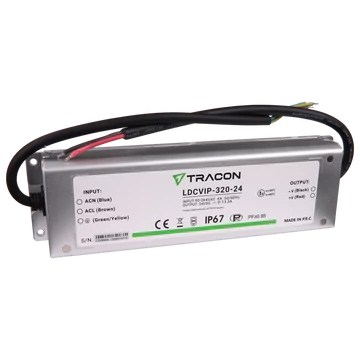 TRACON Védett fém házas LED meghajtó, 90-264VAC/24VDC, 320W, 0-13,3A, IP67 (LDCVIP-320-24)