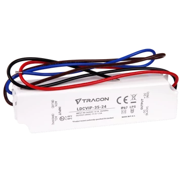 TRACON Védett műanyag házas LED meghajtó, 90-264VAC/24VDC, 35W, 0-1,5A, IP67 (LDCVIP-35-24)