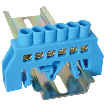 TRACON Szigetelt földelősín (N/PE), kék, 230/400VAC, 63A, 6x9mm, 6P, IP20 (NPE-B6-6)