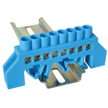 TRACON Szigetelt földelősín (N/PE), kék, 230/400VAC, 63A, 6x9mm, 8P, IP20 (NPE-B6-8)