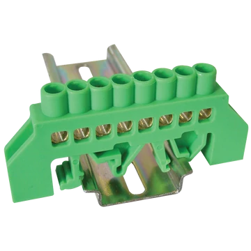 TRACON Szigetelt földelősín (N/PE), zöld, 230/400VAC, 63A, 6x9mm, 8P, IP20 (NPE-G6-8)